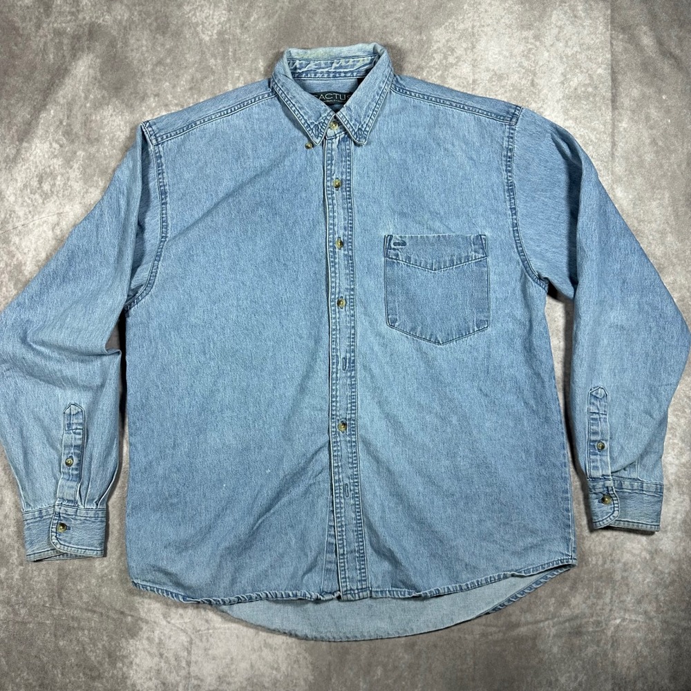 Cactus Men Light Wash Denim Button Down Shirt L American Fit Long Sleeve Western